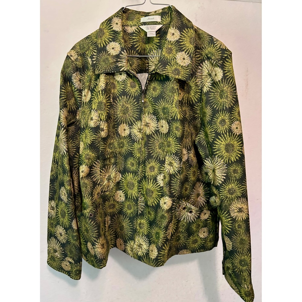 Christopher & Banks Petite Green Gold Floral Zip Jacket XL P/XL Stretch Cotton